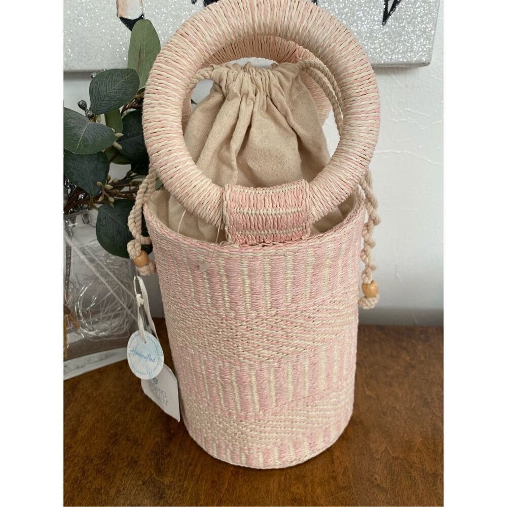 SIGRID OLSEN NWT Woven Pink & Cream Bucket Beach Bag Purse Tote